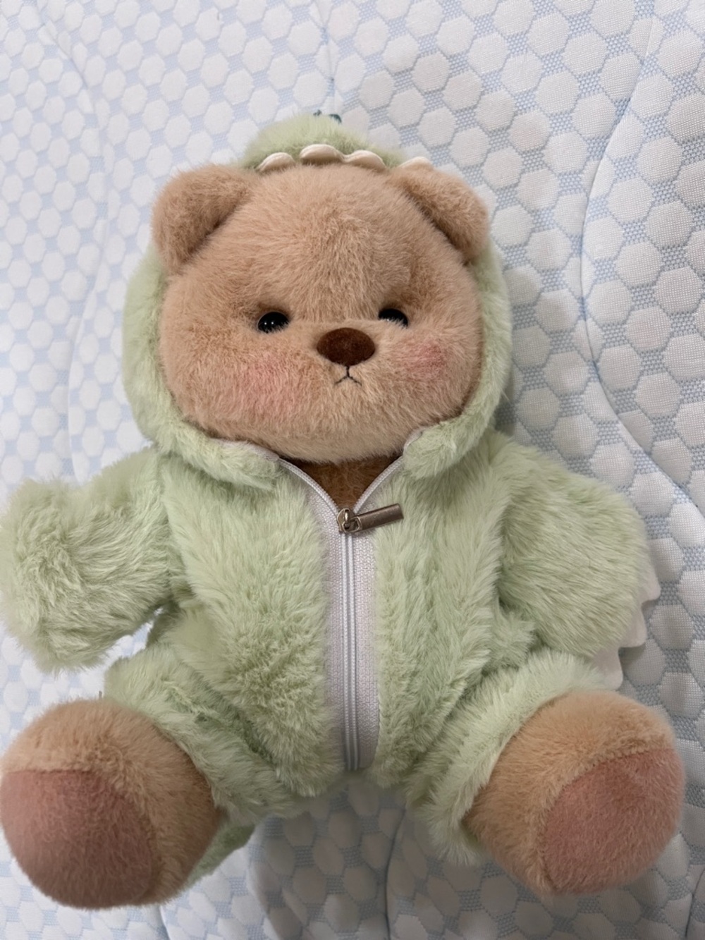 Plush Bear in Light Green Hooded Outfit - Soft Cuddly Kids Toy